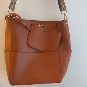 Mersi Chic Brown Leather Shoulder Bag with Adjustable Patterned Strap